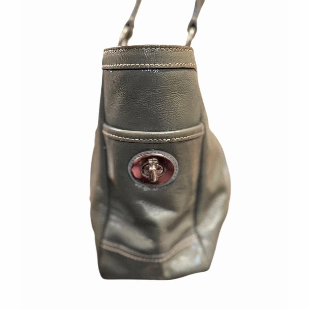 Coach Gallery Tote Patent Leather Metallic Gray Silver Top Zip Shoulder Bag